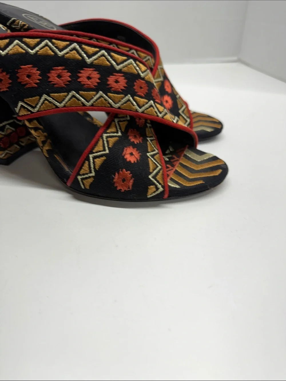 Ash Adel Mule Sandals High Heel Shoes Open Toe Geometric Embroidered Black 9